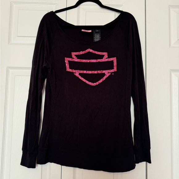 Harley-Davidson Motorcycle M black scoop neck w/pink Sequin logo Long Sleeve Tee - Picture 2 of 7